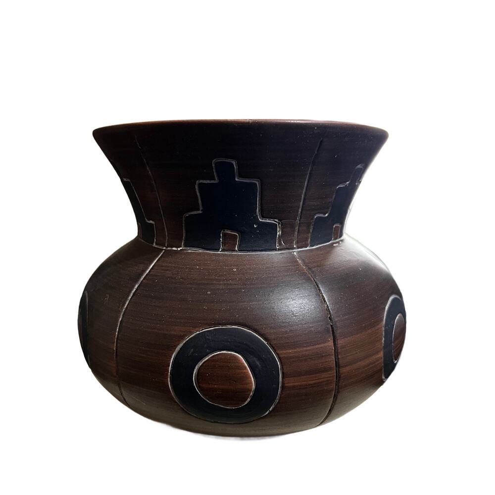 VTG Armando De Mexico Aztec Design Pottery Vessel Pot 7" Tall  7" Wide
